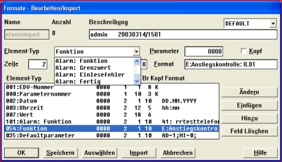 Formatierter Import mit Alarmmeldungsdefinition